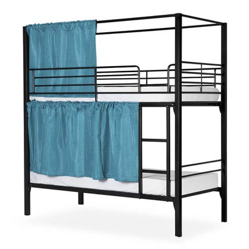 Australian made steel frame dual bunk bed with privacy curtain by Hypersonic Industries Australia for hostels, backpackers and kids rooms