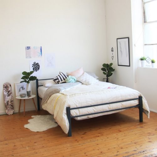 Navy steel frame modern queen bed by Hypersonic Industries Australia