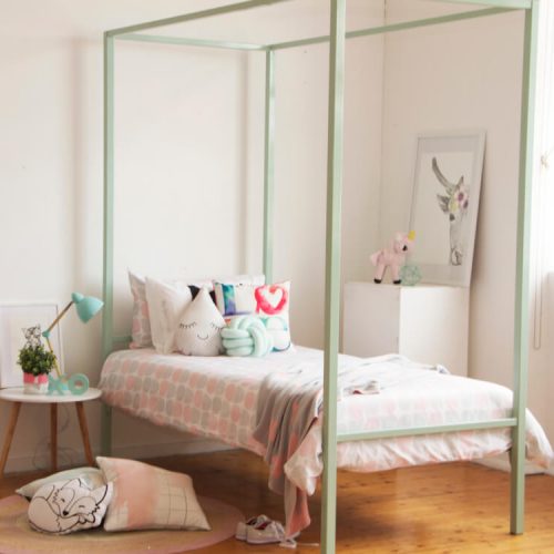 mist green four post steel frame girls single bed by Hypersonic Industries Australia